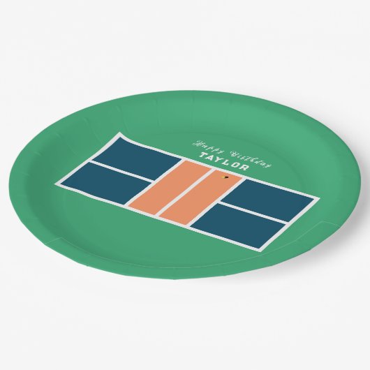 Pickleball verjaardagsfeestje papieren bordje (Gekanteld)