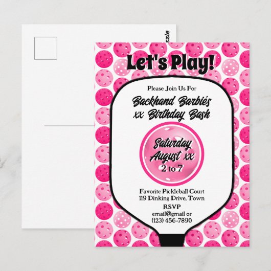 Pickleball verjaardagsfeestje roze wit foto briefkaart (Voorkant / Achterkant)