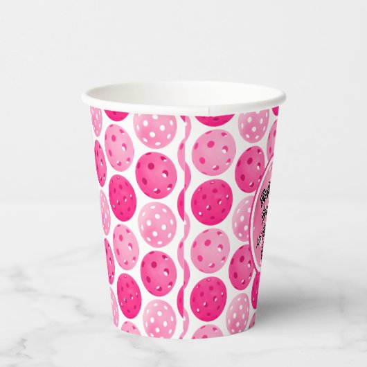 Pickleball verjaardagsfeestje roze wit gepersonali papieren bekers (Rechts)