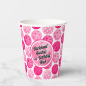 Pickleball verjaardagsfeestje roze wit gepersonali papieren bekers (Voorkant)