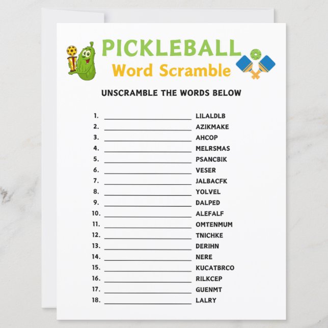 Pickleball Woord Door-elkaar Game (Voorkant)