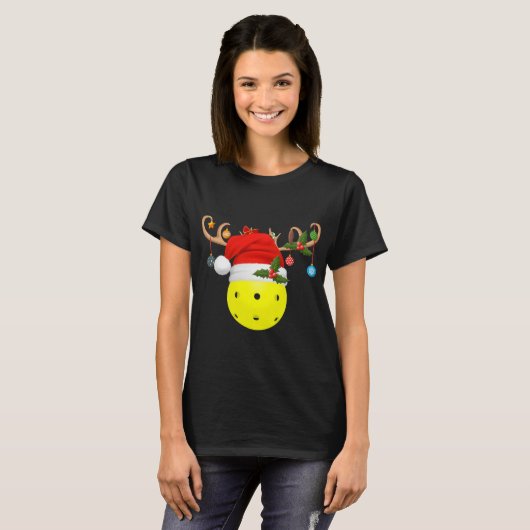 Pickleball Xmas Reindeer Santa Hat T-shirt (Voorkant volledig)