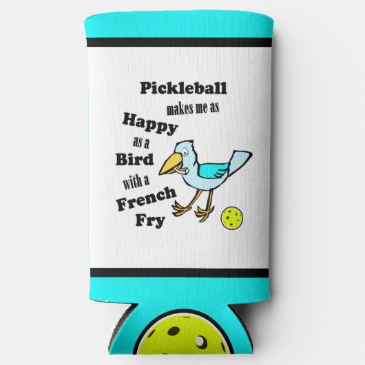 Pickleball - zo blij als een vogel met een frietje seltzer blikjeskoeler (Voorkant)