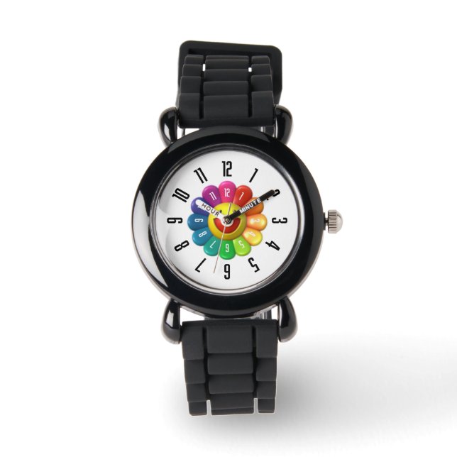 PickleKids™ Rainbow Flower Kinder Zwart Horloge (Voorkant)