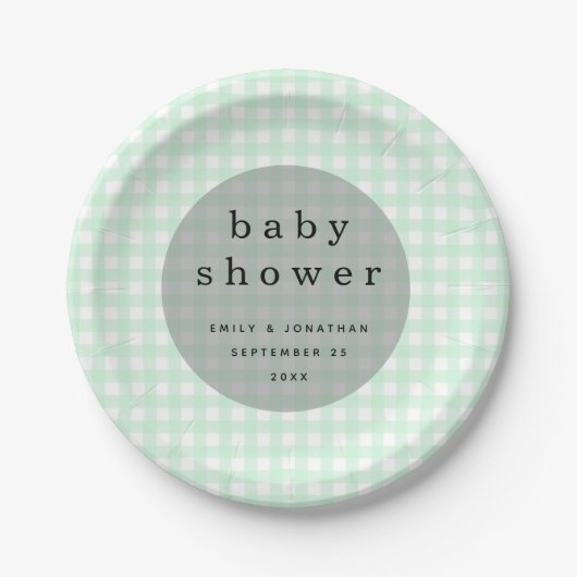Picknick Baby shower Namen Date Green Gingham Papieren Bordje (Voorkant)