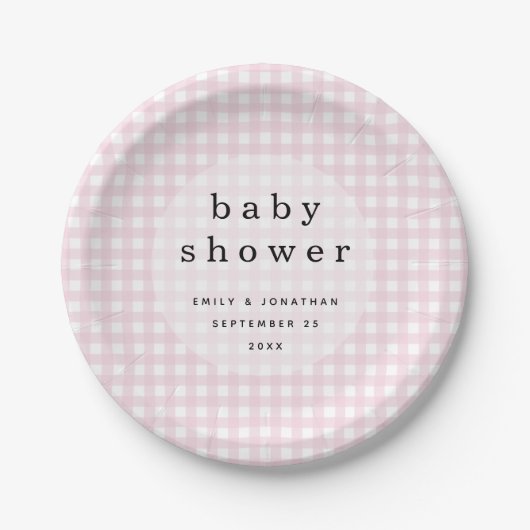 Picknick Baby shower Namen Datum Pink Gingham Papieren Bordje (Voorkant)