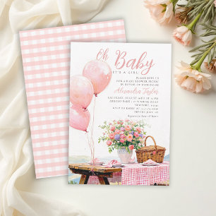 Picknick Ballonnen Bloemen Zomer Meisje Baby Showe Kaart