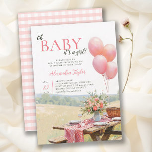 Picknick Ballonnen Wilde Bloemen Roze Meisje Baby  Kaart