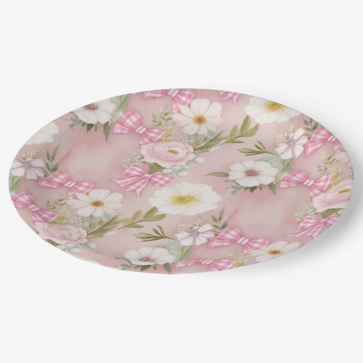 Picknick Borden - Bloemen en Gingham Bows Papieren Bordje (Gekanteld)