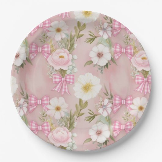 Picknick Borden - Bloemen en Gingham Bows Papieren Bordje (Voorkant)