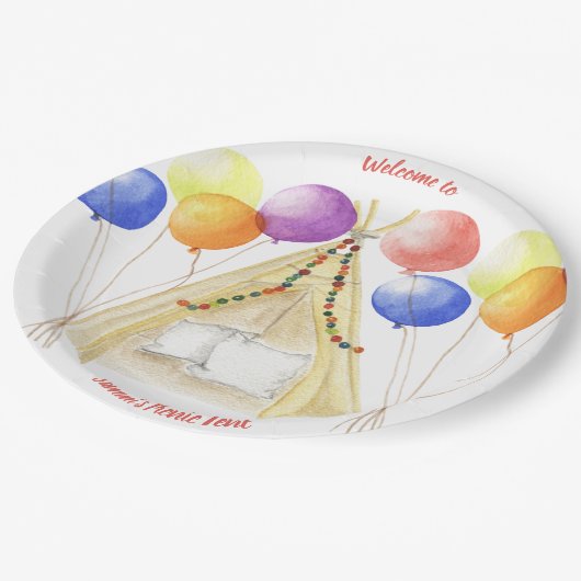 Picknick Borden - Tent & Ballonnen gepersonaliseer Papieren Bordje (Gekanteld)