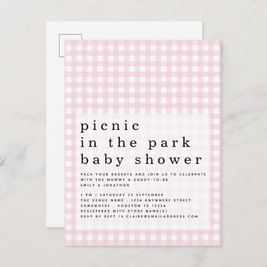 Picknick in het Baby shower Pink Gingham Briefkaart (Voorkant / Achterkant)
