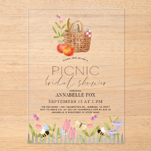 Picknick in het Park Basket Floral Vrijgezellenfee Acryl Uitnodigingen (Voorkant)