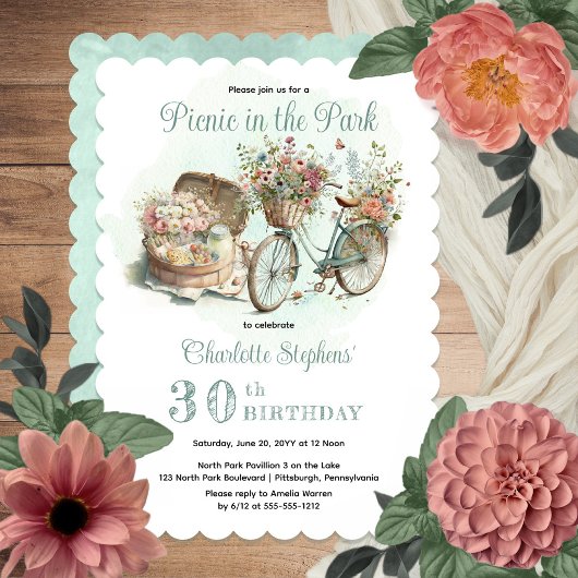 Picknick in het Park Floral 30th Birthday Party Kaart