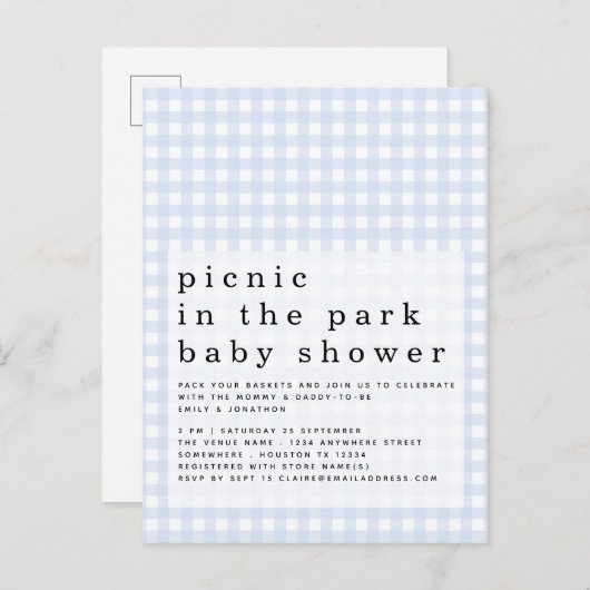Picknick in Park Baby shower Blue Gingham Uitnodig Briefkaart (Voorkant / Achterkant)