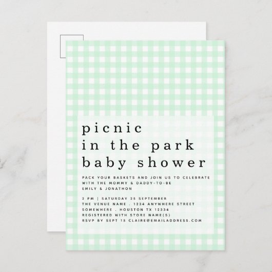 Picknick in Park Baby shower Green Gingham Invite Briefkaart (Voorkant / Achterkant)