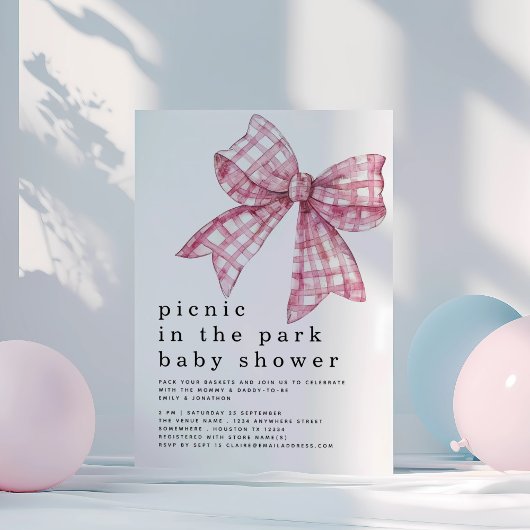 Picknick in Park Roze Gingham Bow Wit Baby shower Kaart