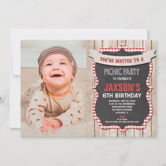 Picknick Party Verjaardag Rood Wit Gingham Foto Kaart (Voorkant)