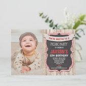 Picknick Party Verjaardag Rood Wit Gingham Foto Kaart (Staand voorkant)