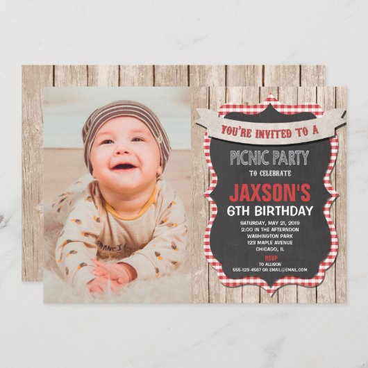 Picknick Party Verjaardag Rood Wit Gingham Foto Kaart (Voorkant / Achterkant)