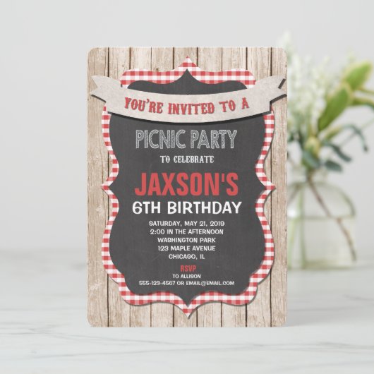 Picknick party verjaardagsuitnodiging rood wit gin kaart (Staand voorkant)