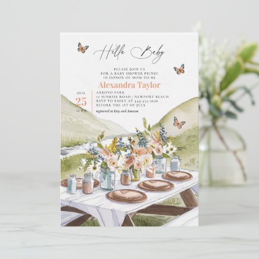 Picknick Peach Wildflower Vlinders Baby shower Kaart (Staand voorkant)