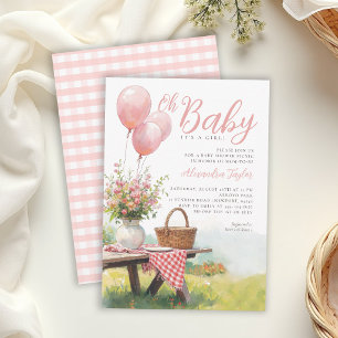 Picknick Roze Ballonnen Bloemige Chic Meisje Baby  Kaart