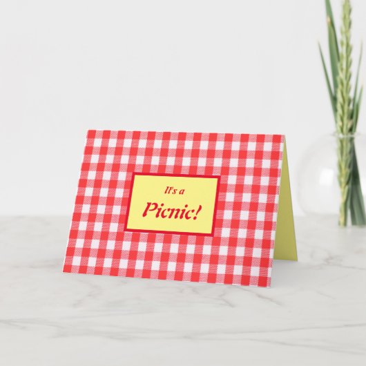 Picknick uitnodiging, rood, wit & geel gingham inv (Voorkant)