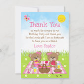 Picknick verjaardagsfeestje roze ruitjes Teddybere Bedankkaart (Voorkant)