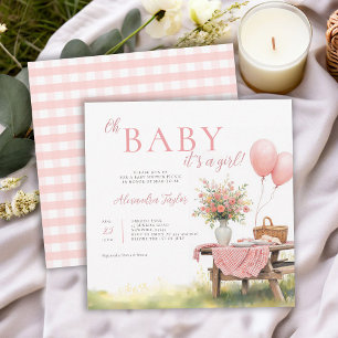 Picknick Wilde Bloemen Ballonnen Roze Meisje Baby  Kaart