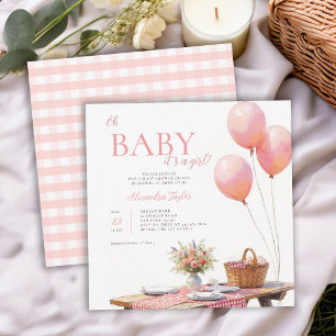 Picknick Wilde Bloemen Roze Ballonnen Meisje Baby  Kaart