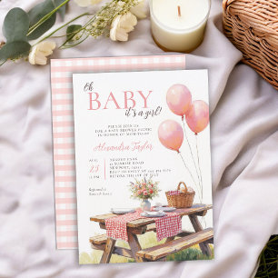 Picknick Wilde Bloemen Roze Ballonnen Meisje Baby  Kaart