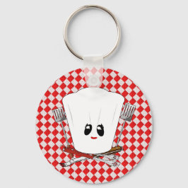 Picknicktafel met vrouwen kookmuts en BBQ-gereedsc Sleutelhanger