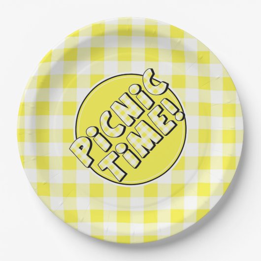 Picknicktijd met papieren bord geel geruit (Voorkant)