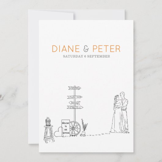 Picknicktuin minimalistisch zwart-wit bruiloft kaart (Voorkant)