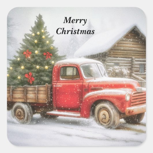 Pickup truck met kerstboom vierkante sticker (Voorkant)