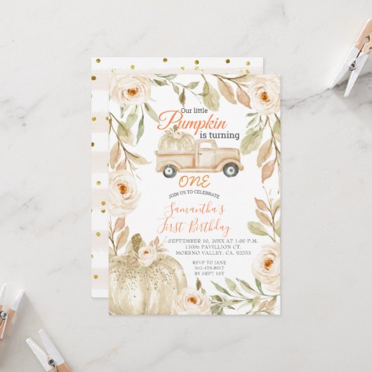 Pickup Truck Pumpkin Third Birthday Invite Kaart (Voorkant / Achterkant in situ)