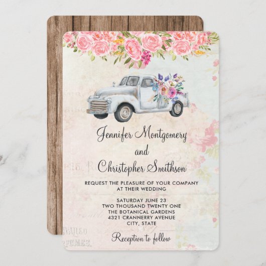 Pickup Vrachtwagen en Bloemen Rustieke Waterverf B Kaart (Voorkant / Achterkant)