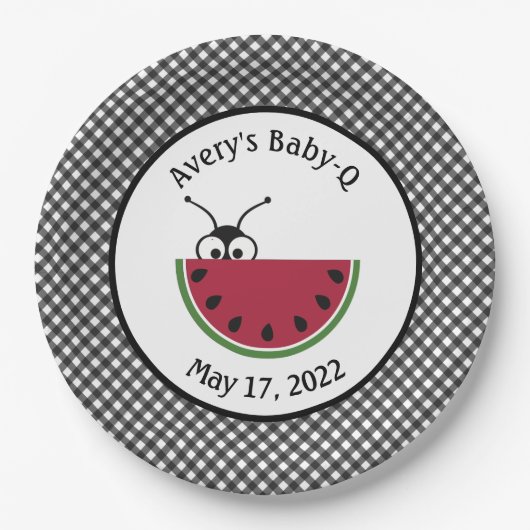 Picnic Ant Watermelon Black Gingham Papieren Bordje (Voorkant)