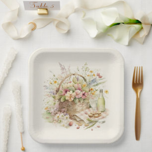 Picnic Basket met wijnfles Papieren Bordje