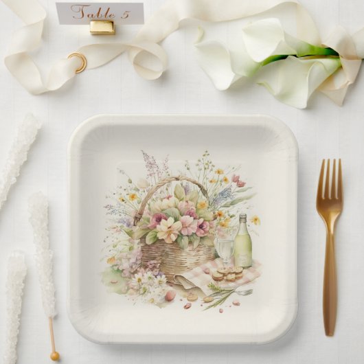 Picnic Basket met wijnfles Papieren Bordje (Huwelijk)