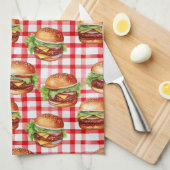 Picnic Burger Delight Retro Gingham & Cheeseburger Theedoek (Quarter Fold)