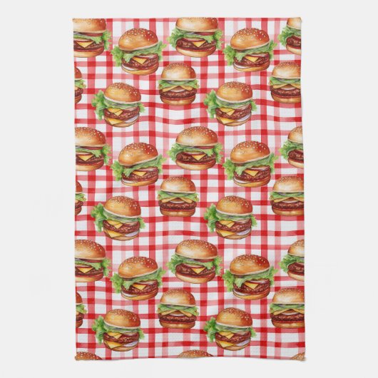 Picnic Burger Delight Retro Gingham & Cheeseburger Theedoek (Verticaal)
