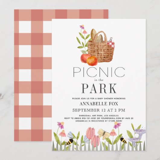 Picnic in het park Floral Baby shower Uitnodigen Kaart (Voorkant / Achterkant)