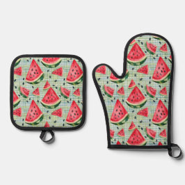 Picnic Patch Watermelon – Waterverf Fruit Gingham Ovenwant & Pannenlap Set