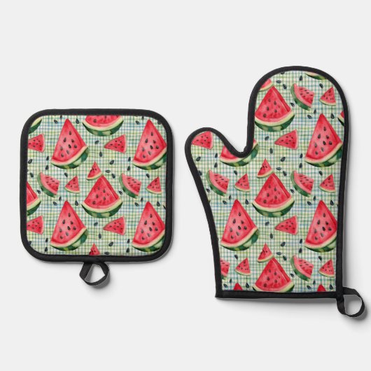 Picnic Patch Watermelon – Waterverf Fruit Gingham Ovenwant & Pannenlap Set (Voorkant)