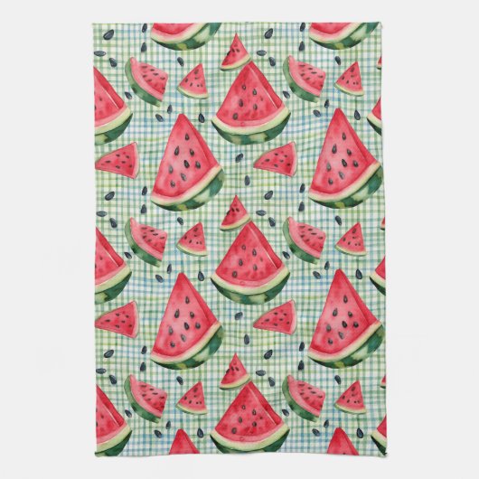 Picnic Patch Watermelon – Waterverf Fruit Gingham Theedoek (Verticaal)