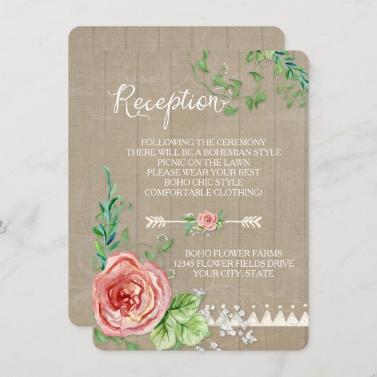 Picnic Reception BOHO Babys Breate Roos Barn Wood Kaart (Voorkant / Achterkant)