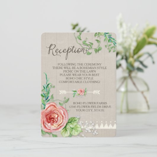 Picnic Reception BOHO Baby's Breats Rozen Wooden Informatiekaartje (Staand voorkant)