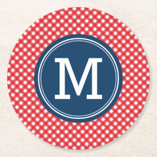 Picnic Red Country Gingham personaliseert Monogram Ronde Kartonnen Onderzetter